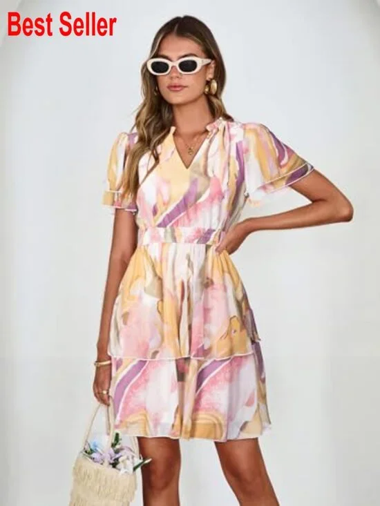 Chiffon Floral Mini Dress V Neck Short Sleeve Empire Waist Tiered - Picture 6 of 7